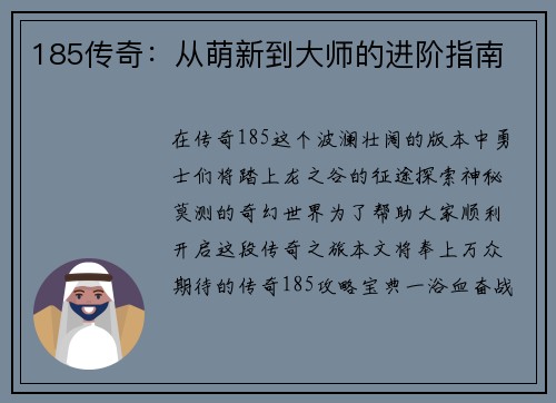 185传奇：从萌新到大师的进阶指南