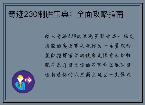 奇迹230制胜宝典：全面攻略指南