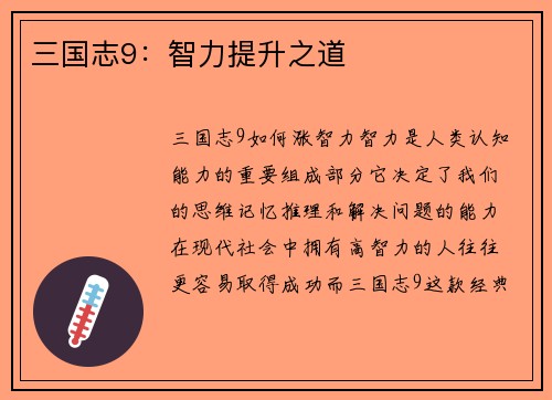 三国志9：智力提升之道